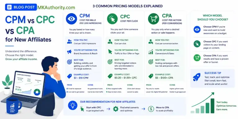 image illustrates and compares CPM vs CPC vs CPA with clear side-by-side panels, simple performance charts, and a marketer illustration, all in a clean blue-and-green style