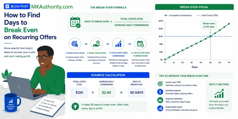 header image for the post How To Find days To Break Even On Recurring Offers with a clean, focused layout with a marketer looking at a simple break-even timeline graph, and an easy-to-read formula in a blue-and-green color scheme
