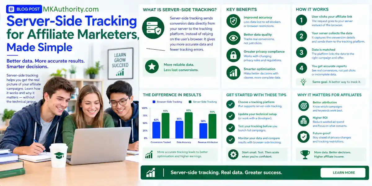 image using clean uncluttered blue-and-green affiliate marketing style, with suitable graphs and text for post about Server-Side Tracking for Affiliate Marketers, Made Simple plus a real image of university students on a laptop