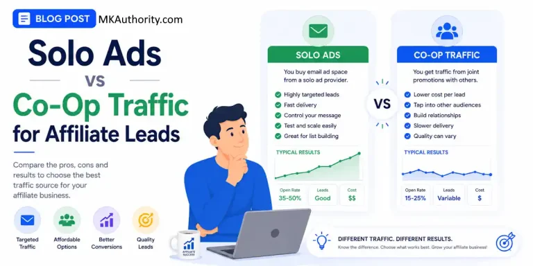 image - clean blue-and-green affiliate marketing style, with a clear side-by-side comparison, simple performance graphs, and a professional marketer figure analyzing traffic sources for post Solo Ads vs Co-Op Traffic for Affiliate Leads