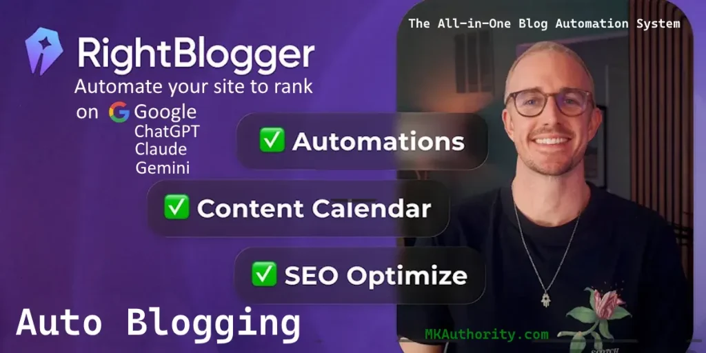image with text about rightblogger and autoblogging with owner looking towards camera