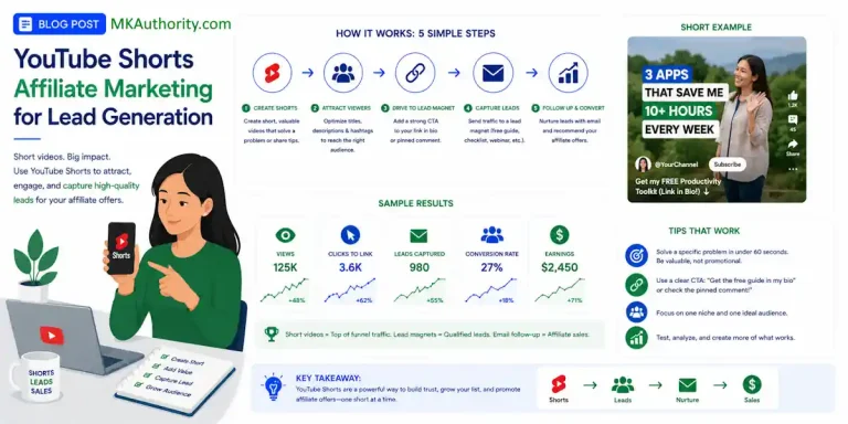 image for post YouTube Shorts Affiliate Marketing for Lead Generation with a a clean, modern look, a female marketer of Asian heritage, a simple YouTube Shorts visual, and a few clear performance graphs
