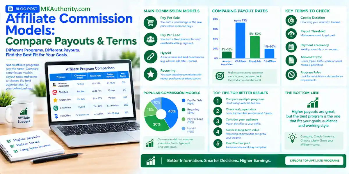 image using a clean uncluttered blue-and-green affiliate marketing style, with suitable graphs and text plus a laptop showing details of the subject affiliate commission models compare payouts and terms