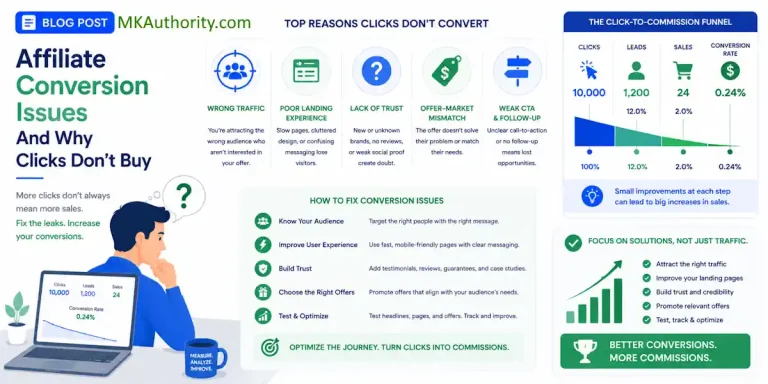 The image explains the common causes of affiliate conversion issues with a clear funnel, simple performance graphs, and a thoughtful marketer illustration in a clean blue-and-green style