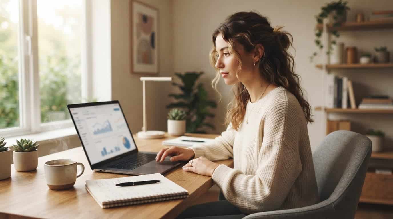 A marketer reviews blurred funnel charts on a laptop beside a notebook and coffee.