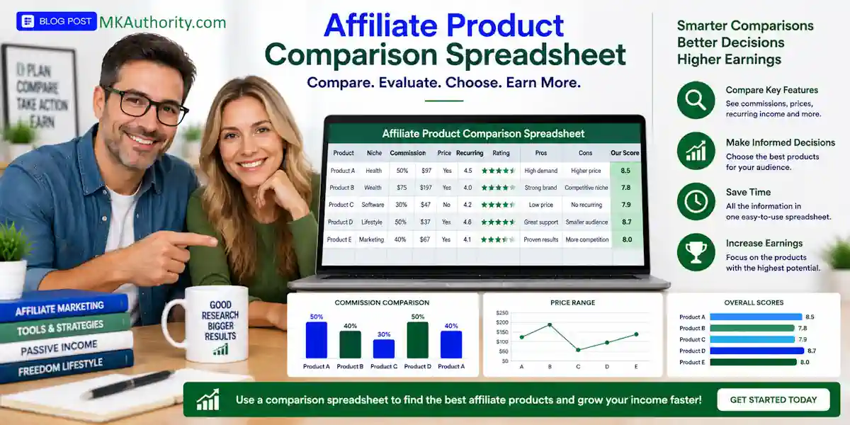 simple image with suitable graphs and text about using an affiliate product comparison spreadsheet plus a real image male and female marketers smiling at camera