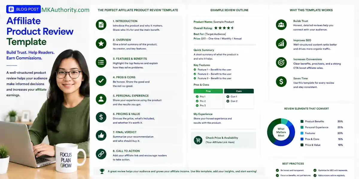 a simple image using a clean uncluttered blue-and-green affiliate marketing style, with suitable graphs and text about creating an affiliate product review template and a real image young, Chinese female marketer with glasses on her laptop