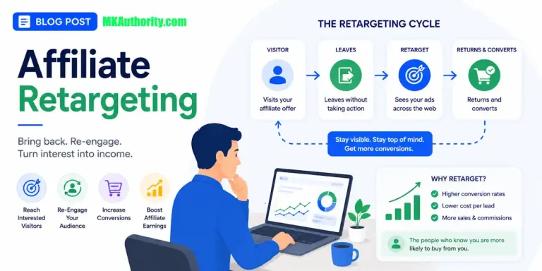 image - clean blue-and-green affiliate marketing style, with a simple affiliate retargeting funnel, conversion-focused graphs, and a marketer reviewing campaign performance