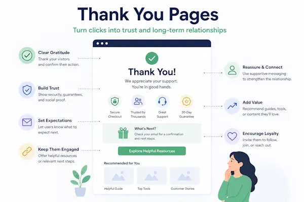 an image showing the different factors required for a good affiliate thank you page