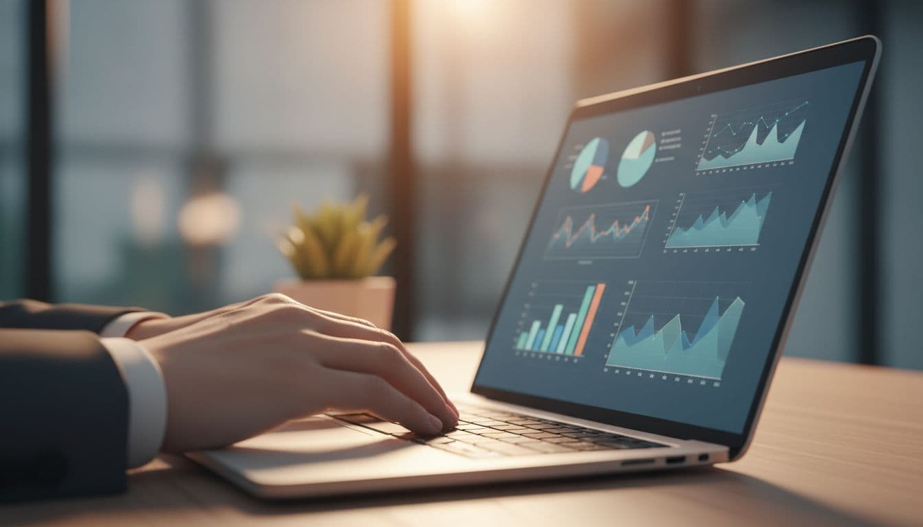 A close-up view of a laptop screen displaying blurred analytical charts and data visualizations.