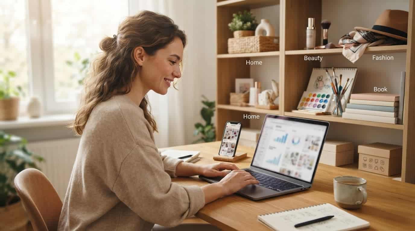 A marketer plans products at a tidy desk with a laptop and phone.