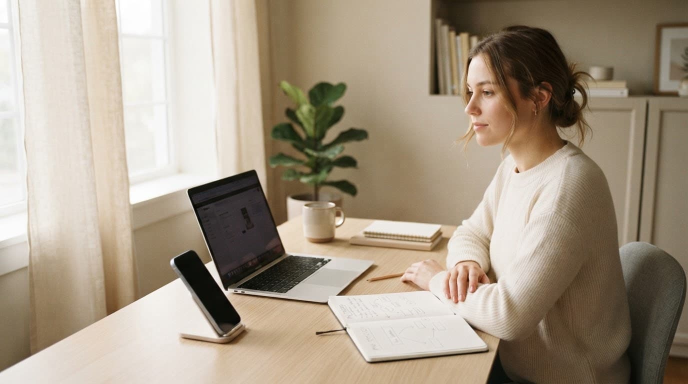 A marketer plans a Pinterest affiliate funnel with a laptop, phone, and notes.
