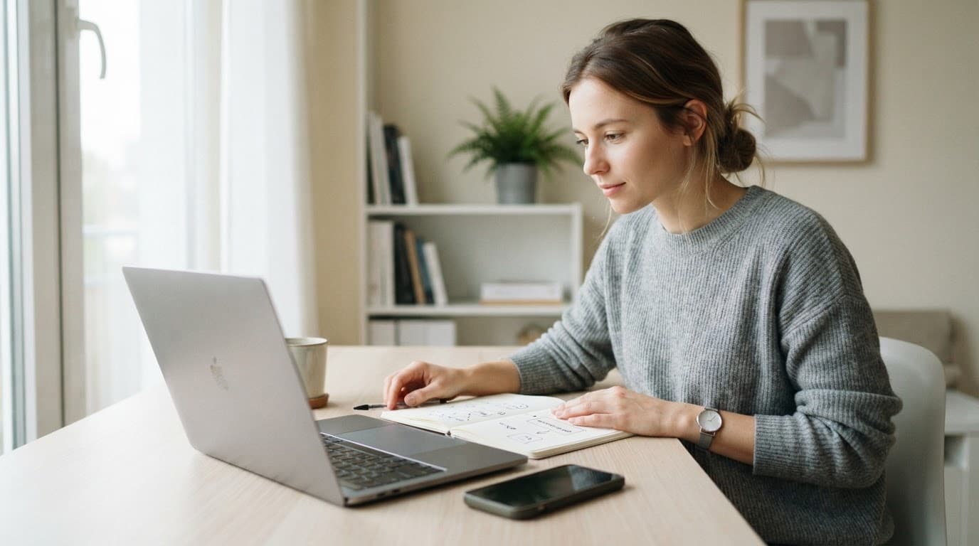 A marketer reviews a laptop and phone beside a funnel plan at a tidy desk.