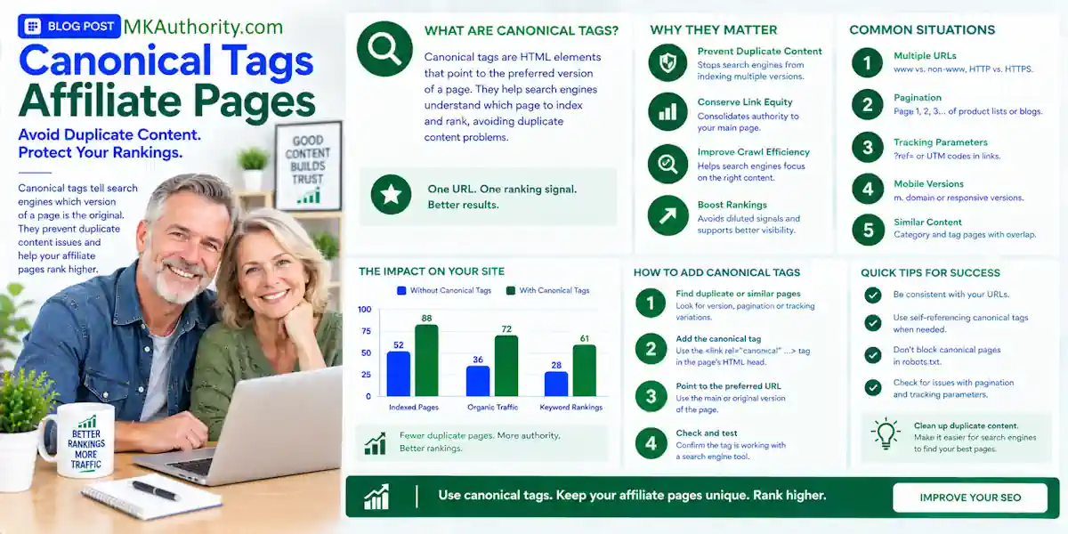 image using a clean uncluttered blue-and-green affiliate marketing style, with suitable graphs and text on the subject canonical tags affiliate pages plus a real image of a smiling male and female retiree couple on their laptop