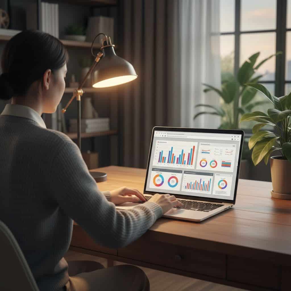 A person analyzes marketing analytics and performance charts on a laptop in a home office.
