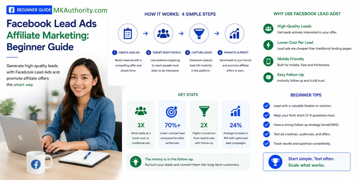 a simple image 1200x600 using a clean uncluttered blue-and-green affiliate marketing style, with suitable graphs and a real image female marketer on the subject: Facebook Lead Ads Affiliate Marketing: Beginner Guide