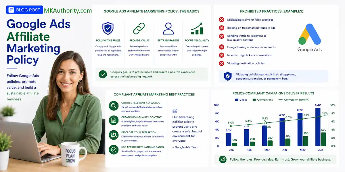 a simple image 1200x600 using a clean uncluttered blue-and-green affiliate marketing style, with suitable graphs and a real image young female marketer on the subject: Google Ads affiliate marketing policy