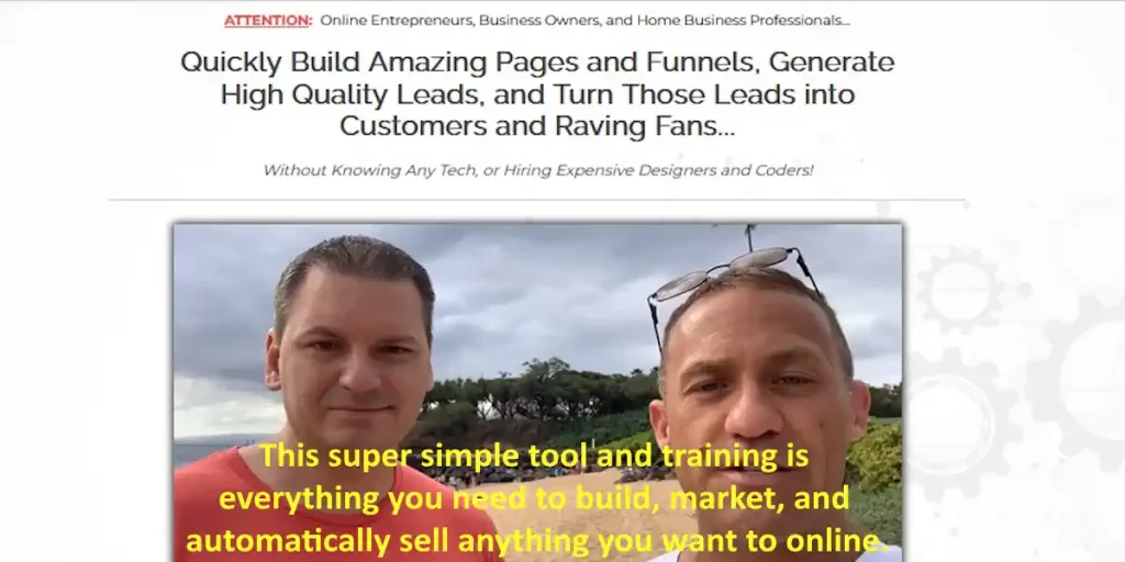 image with mike hobbs and paul hutchings promoting the home business academy funnel builder ,with text and a video image capture