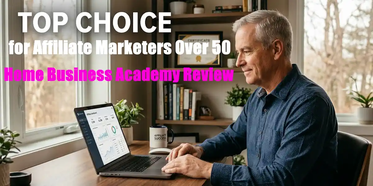 header image of mature man at laptop reading about the home business academy premium platform for over 50s