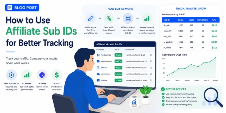 image - clean blue-and-green style, with a practical tracking dashboard, affiliate Sub ID examples, and conversion graphs that immediately communicate the value of affiliate tracking
