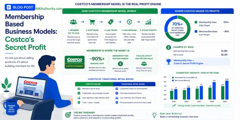 This image uses a clean blue-and-green style to explain membership based business models and how they can drive recurring profits, with simple charts, process graphics, and a business-focused illustration