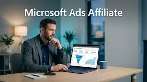 image shows casually dressed male looking at Microsoft Ads affiliate marketing display graphics on laptop