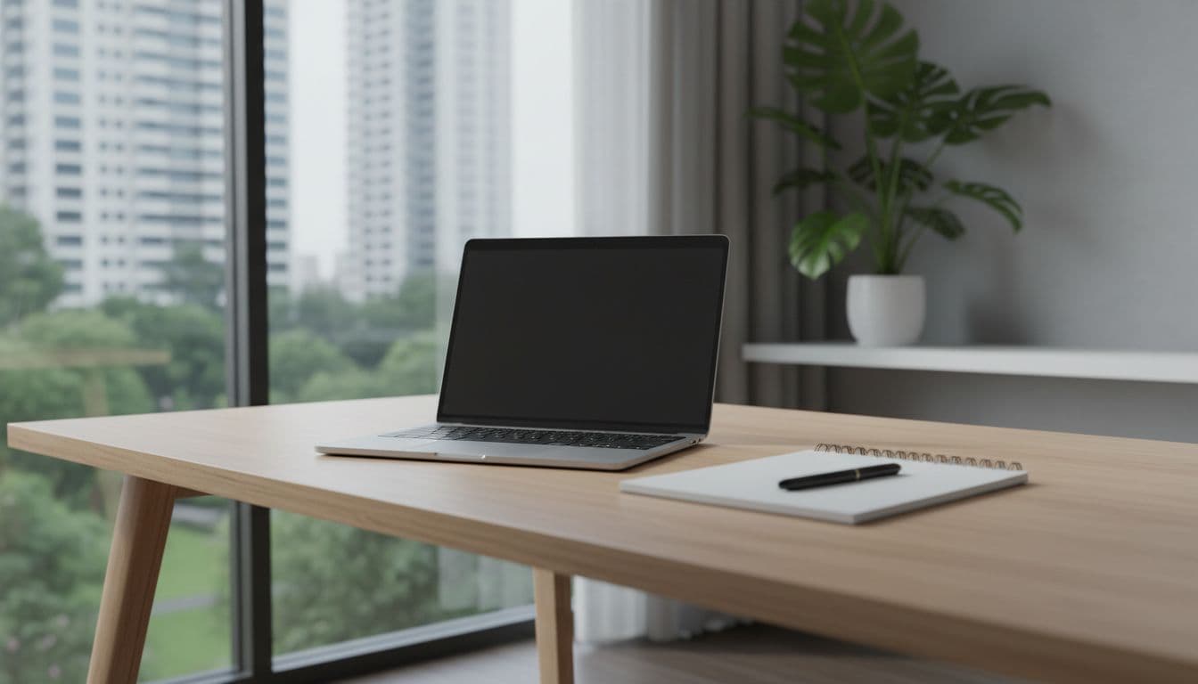 An open laptop sits on a clean desk beside a notebook and pen with soft natural lighting.
