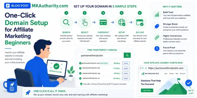 image about one click domain setup using a clean blue-and-green style, with a simple domain setup workflow, friendly beginner-focused visuals, and a modern laptop illustration to make the process feel approachable