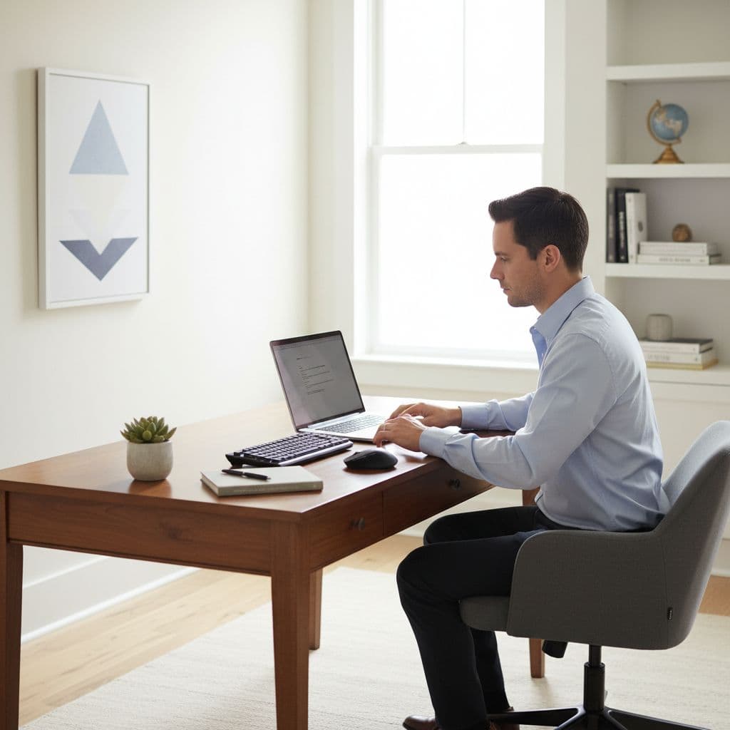 A focused professional sits at a clean, uncluttered desk while working on a laptop computer.