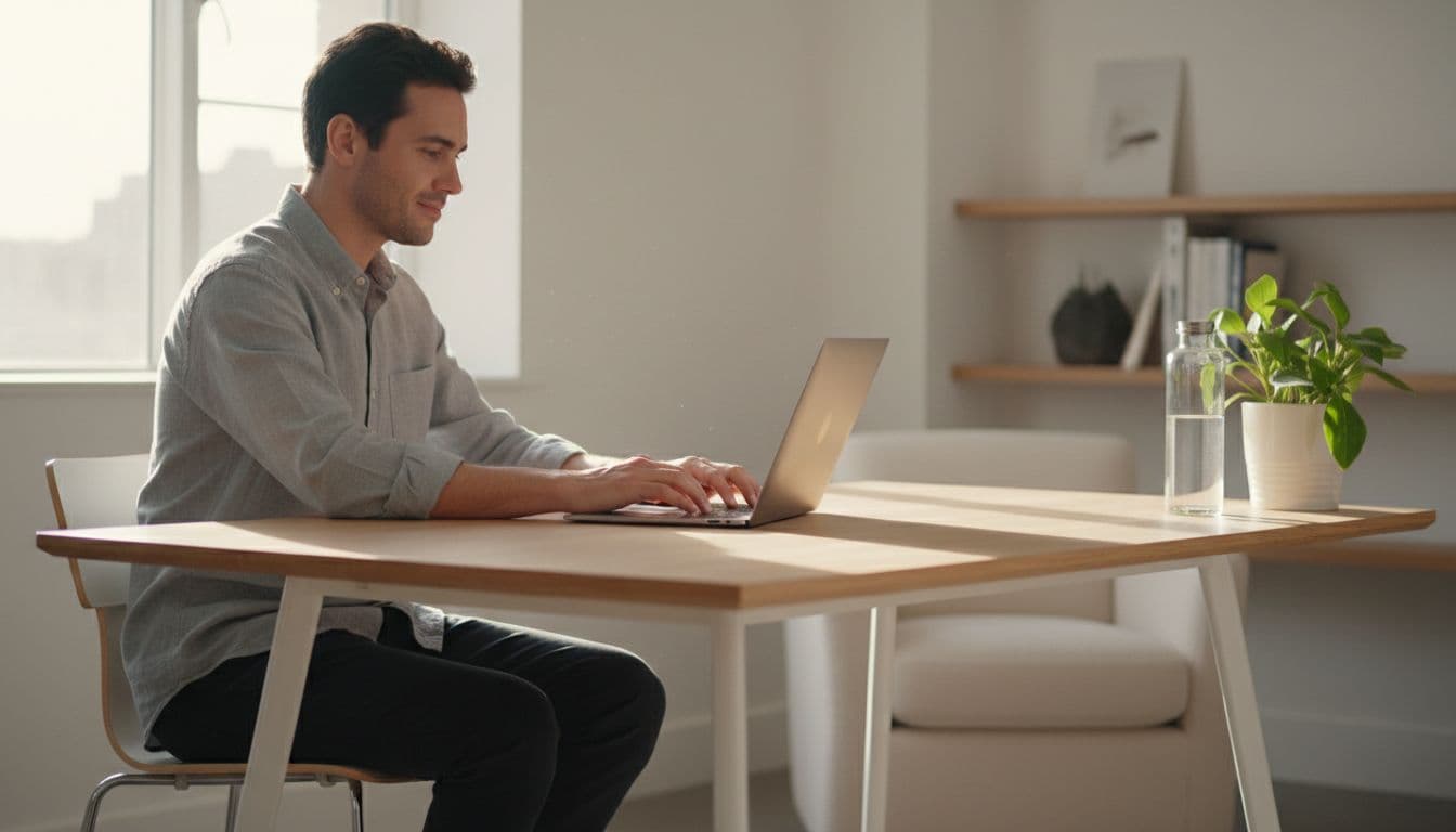 A focused person works on a laptop at a clean wooden desk in a bright home office.