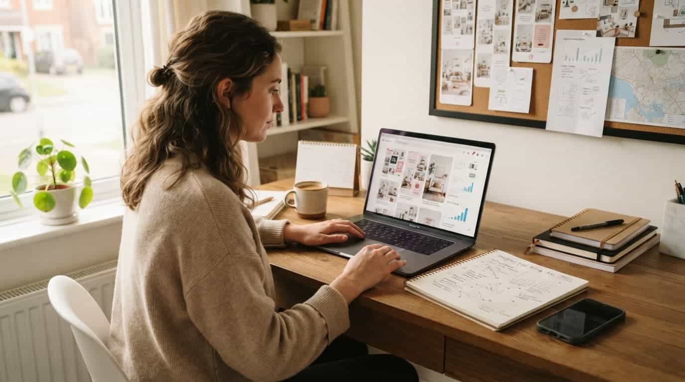 Affiliate marketer reviewing Pinterest ideas beside a notebook and phone at a tidy desk.