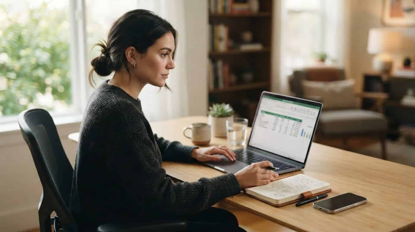 A person reviews a budget on a laptop beside a phone and notebook.
