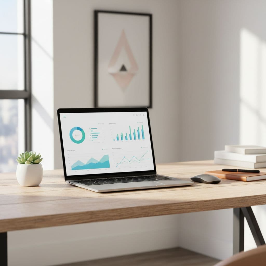 A sleek wooden desk features an open laptop displaying complex charts and colorful graphs. Warm sunlight streams across the organized surface, highlighting a professional environment designed for tracking website conversion metrics.