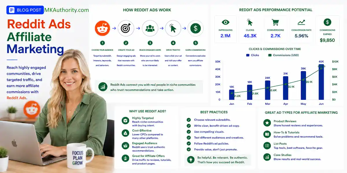 image using a clean uncluttered blue-and-green affiliate marketing style, with suitable graphs about Reddit ads affiliate marketing and a real image blonde female marketer