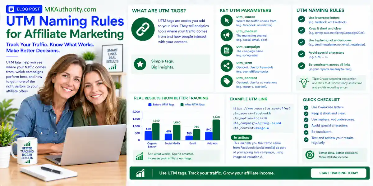 a simple image with a clean uncluttered blue-and-green affiliate marketing style, with suitable graphs and text about UTM naming rules plus a real image of a mother and daughter couple on a laptop