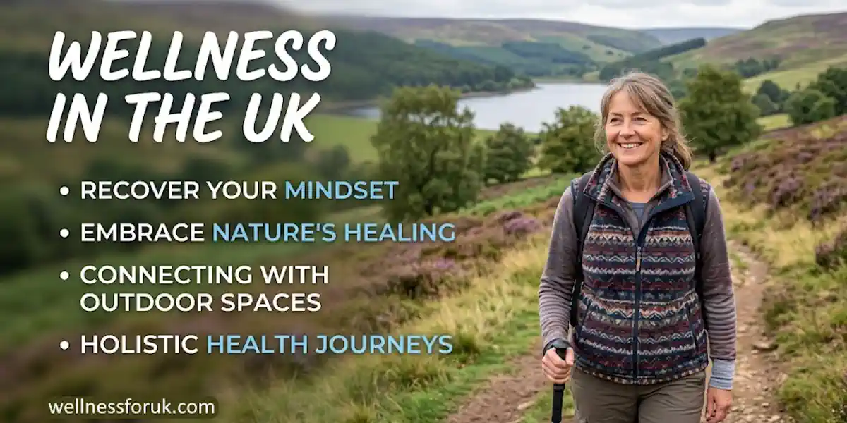 image of countryside background with a smiling middle-aged woman walking and text wellness in the uk